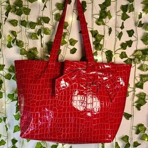 Red Crocodile-Embossed Minnie Mouse Tote Bag